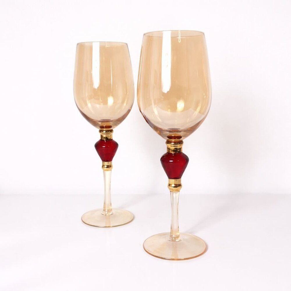 Pier 1 Amber Wine Glasses Set of 2 VTG Elegant Holiday Goblets Bar Cart Decor